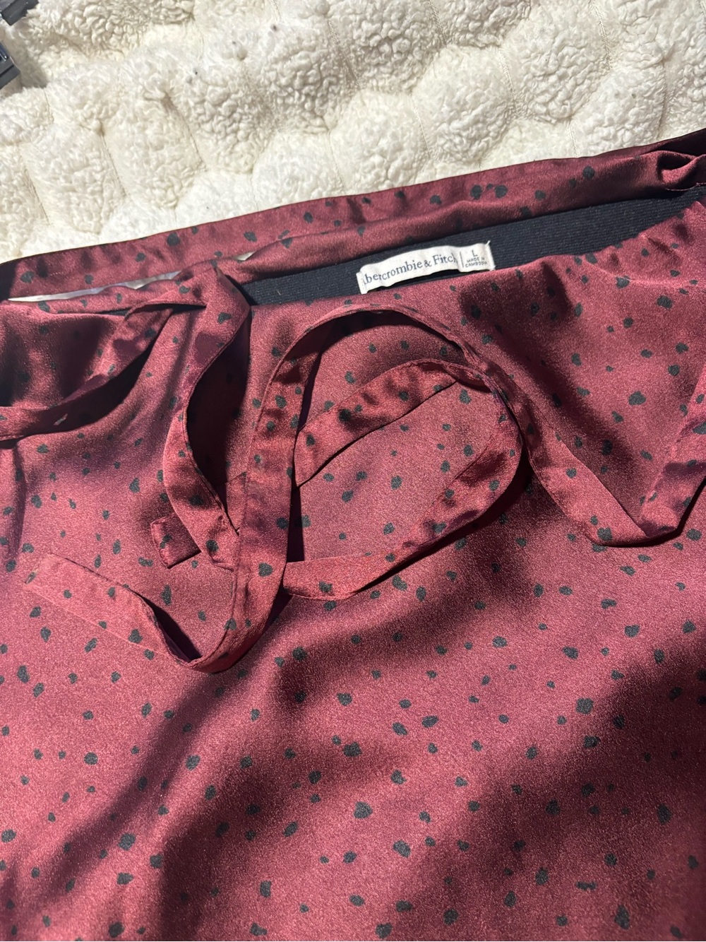 Abercrombie & Fitch Wine Red Satin Tie-Neck Skirt with Black Spots Print
